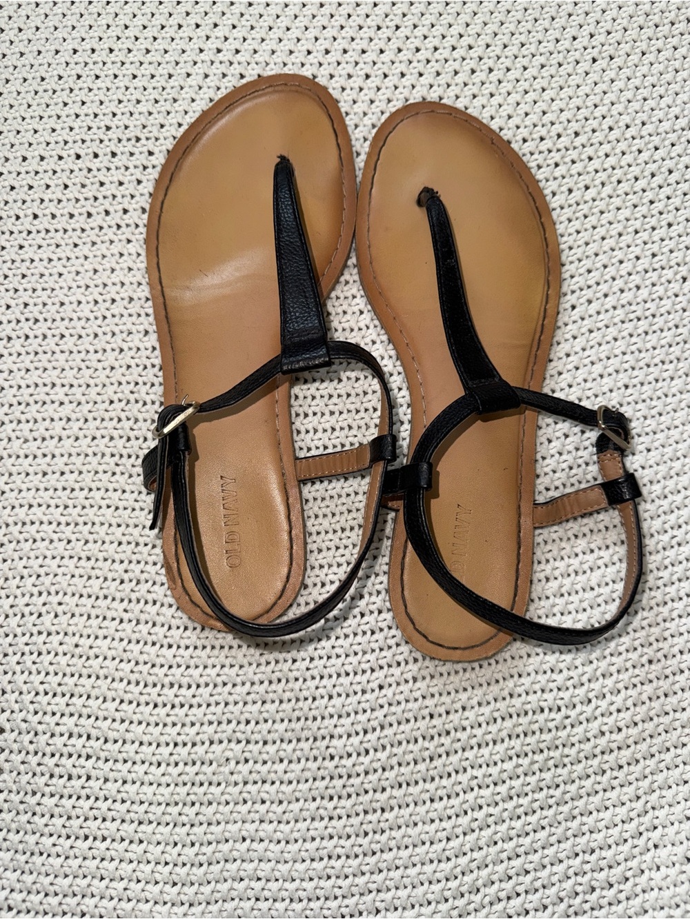 Old Navy Black and Tan T-Strap Leather-Look Sandals